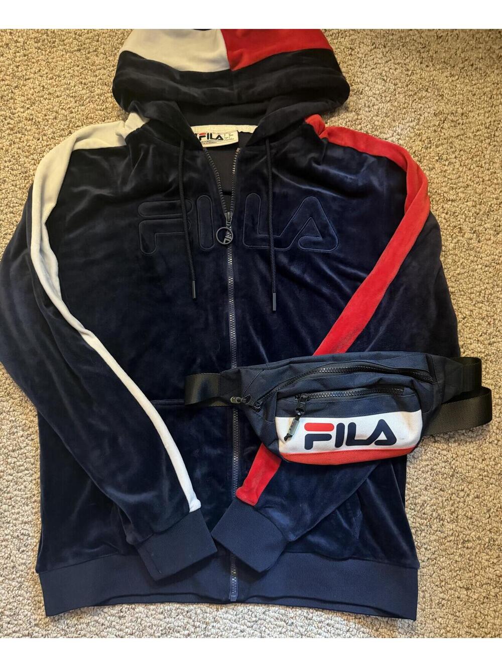 FILA King velour navy zip up hoodie/matching fanny pack